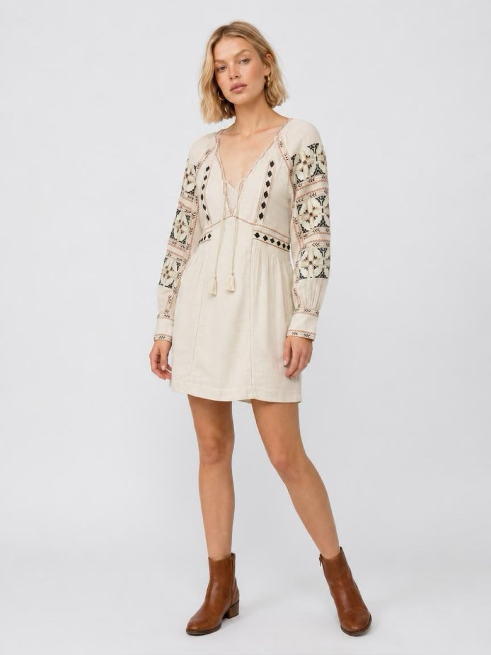 FREE PEOPLE All My Life Embroidered Shift Dress XS Cream Boho Long Sleeve